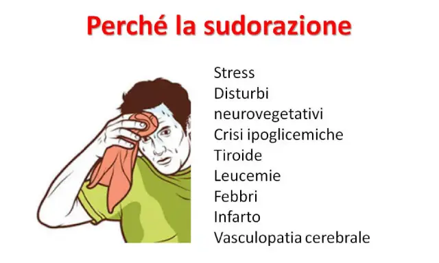 Uomo sudato con panno, preoccupato per la sudorazione improvvisa e debolezza, causate da stress, disturbi neurovegetativi, crisi ipoglicemiche, tiroide, leucemie, febbri, infarto, vasculopatia cerebrale.