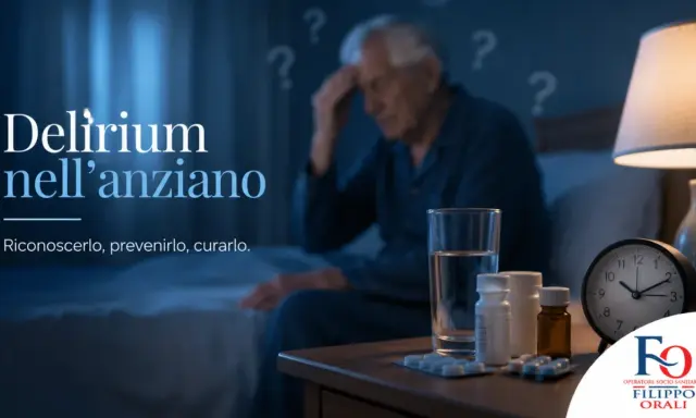 Un anziano confuso, con punti interrogativi sullo sfondo, affronta il delirio notturno. Sul comodino, farmaci e un bicchiere d'acqua.