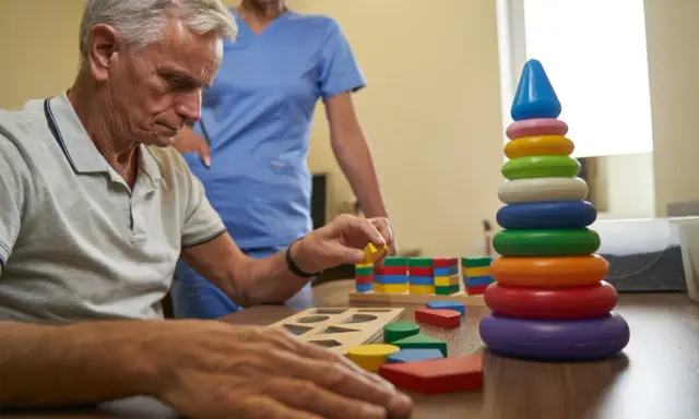 Esempi di terapia occupazionale anziani: un uomo anziano gioca con blocchi colorati, aiutato da un'infermiera.
