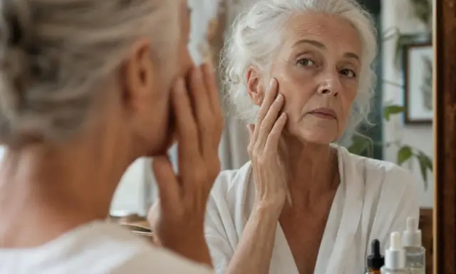 Donna anziana si tocca il viso, notando la pelle avvizzita a 65 anni. Riflessione nello specchio.