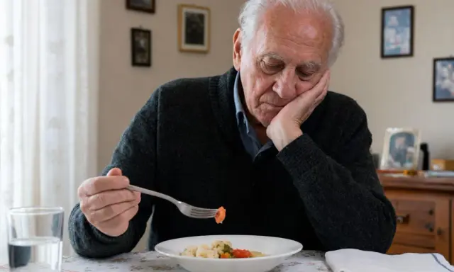 Anziano con demenza senile, appoggiato al cibo, mostra il rifiuto del cibo. La sua mano regge una forchetta con un pezzo di carota.