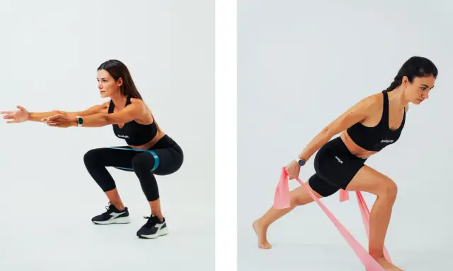 Donna esegue squat con elastico per rinforzare i muscoli delle gambe e affondi con elastico per un allenamento completo.