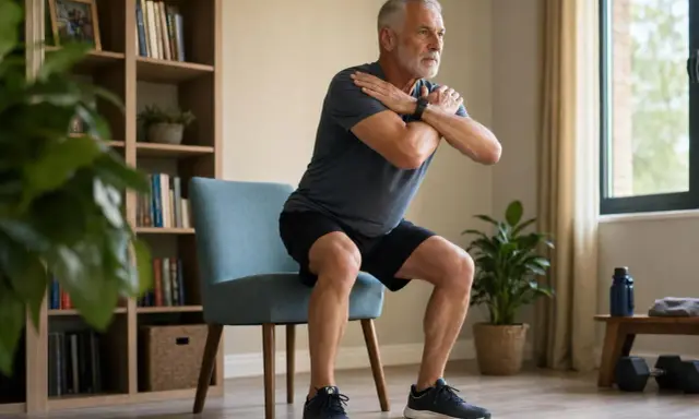 Uomo anziano fa squat su sedia, allenandosi per evitare perdere massa muscolare cause.