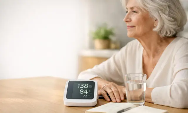 Donna anziana controlla la pressione: 138/84, con un valore di 80 battiti al minuto.