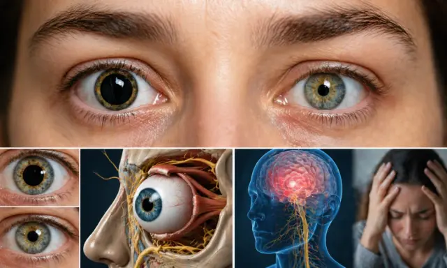 Occhi con pupille isocoriche, anatomia oculare, cervello e persona con mal di testa.