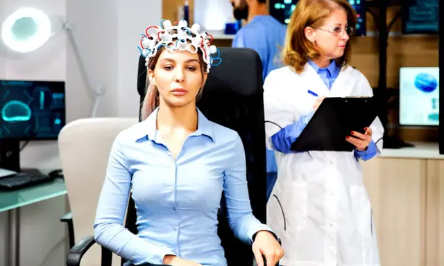 Donna con casco per esame neurologico, mentre un medico prende appunti.