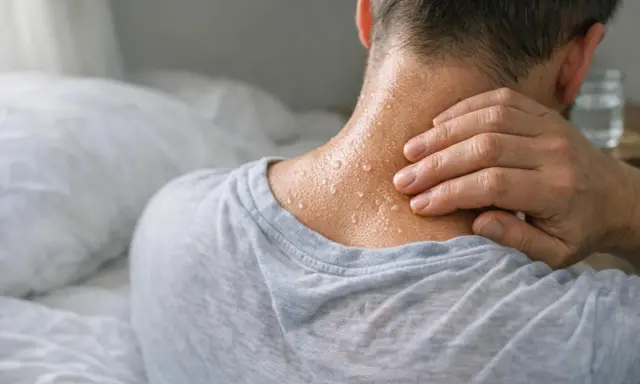 Uomo con sudorazione notturna visibile sul collo, mentre si tocca la nuca.