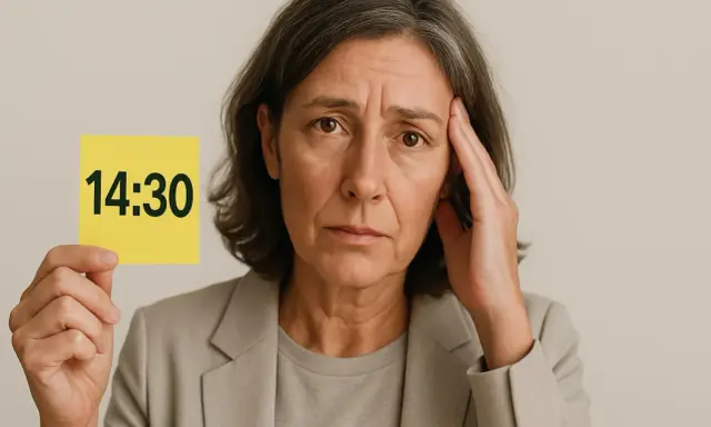 Donna con espressione preoccupata tiene un foglietto con scritto "14:30", forse un promemoria per la perdita di memoria a 50 anni.
