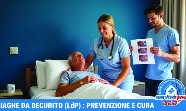Infermieri mostrano immagini di piaghe da decubito a un paziente anziano, indicando chi cura le piaghe da decubito con competenza e attenzione.