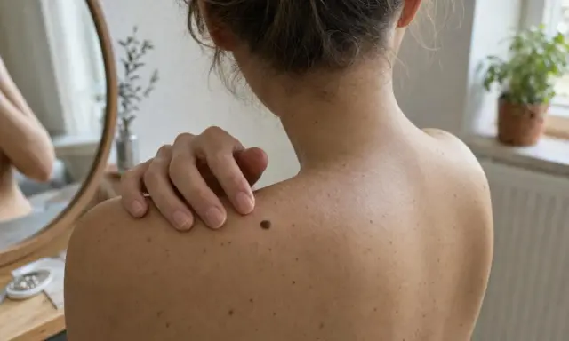 Spalla di donna con nei, uno più scuro attira l'attenzione, suggerendo un possibile dolore alla pelle.