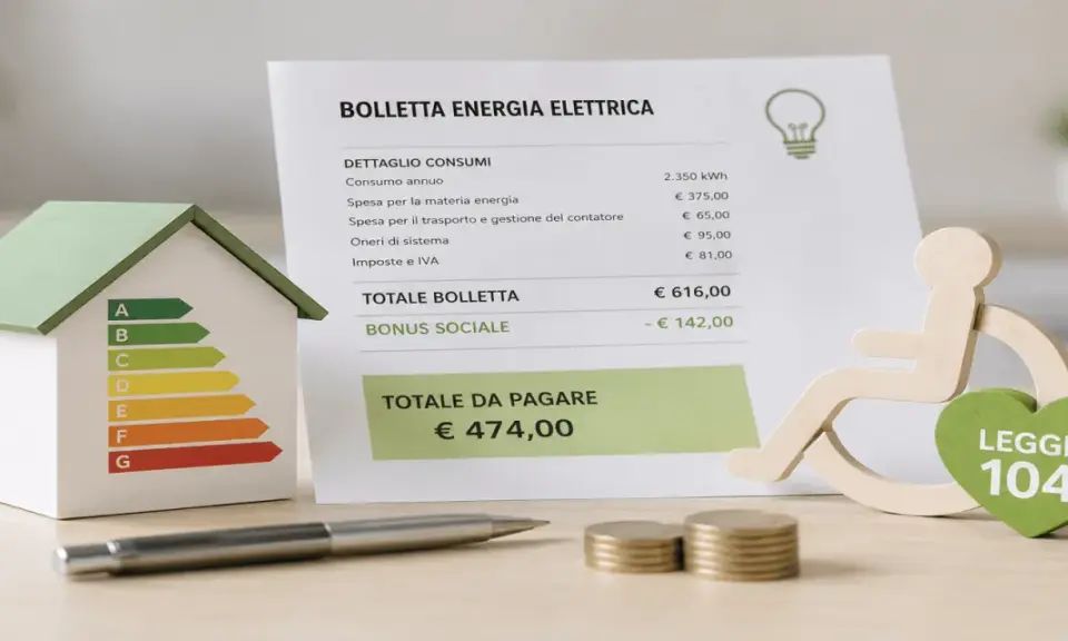 Modellino di casa con classe energetica, bolletta elettrica e simbolo disabilità con cuore "Legge 104".