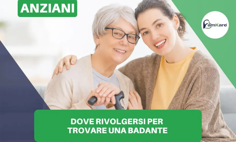 Anziani sorridenti, una giovane donna abbraccia un'anziana con bastone. Guida su come trovare una badante.