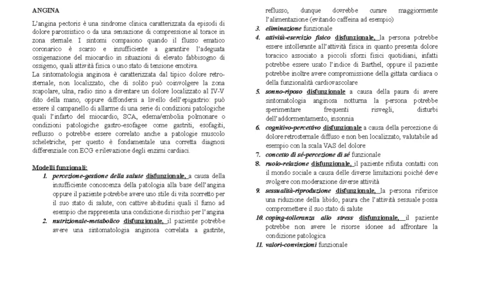 Elenco di modelli funzionali per l'angina, tra cui attività-esercizio fisico disfunzionale, che può essere valutato con l'indice di Barthel.