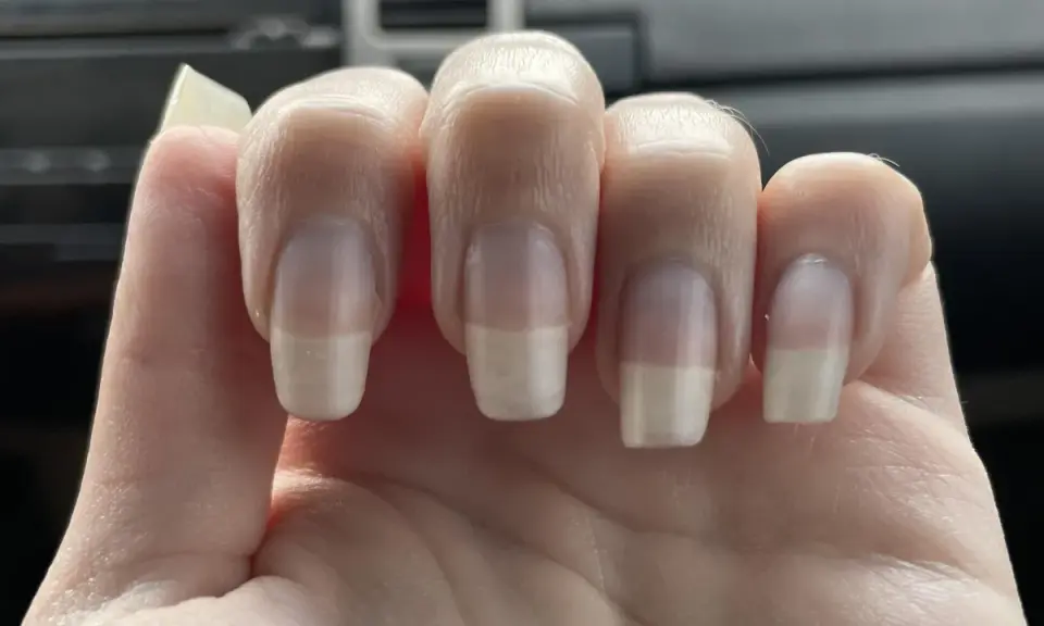 Dita con unghie curate, leggermente incurvate, che mostrano una french manicure naturale.