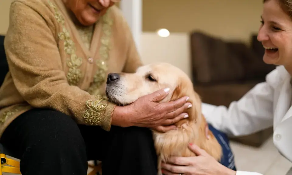 Un golden retriever coccolato da un'anziana e una volontaria. Momenti di gioia e conforto nella pet therapy anziani.