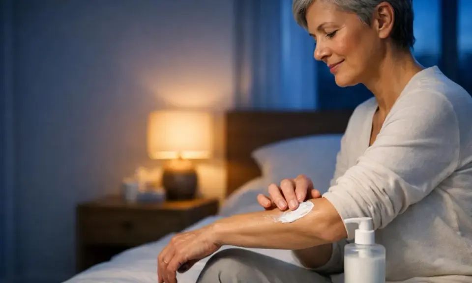 Donna anziana applica crema sul braccio per alleviare il prurito notturno nel letto. Luce soffusa da una lampada da comodino.