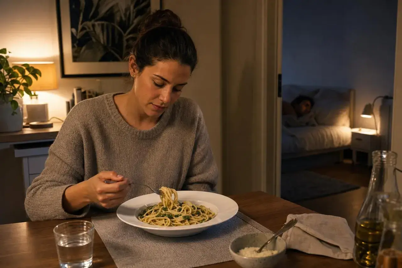 Donna mangia pasta con verdure, un modo gustoso per condire la pasta per chi soffre di reflusso.
