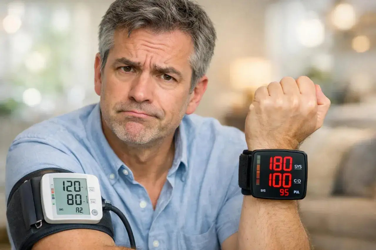 Uomo preoccupato controlla la pressione: 120/80 su un braccio, 180/100 sull'altro. Preoccupazione per la pressione 108/68.
