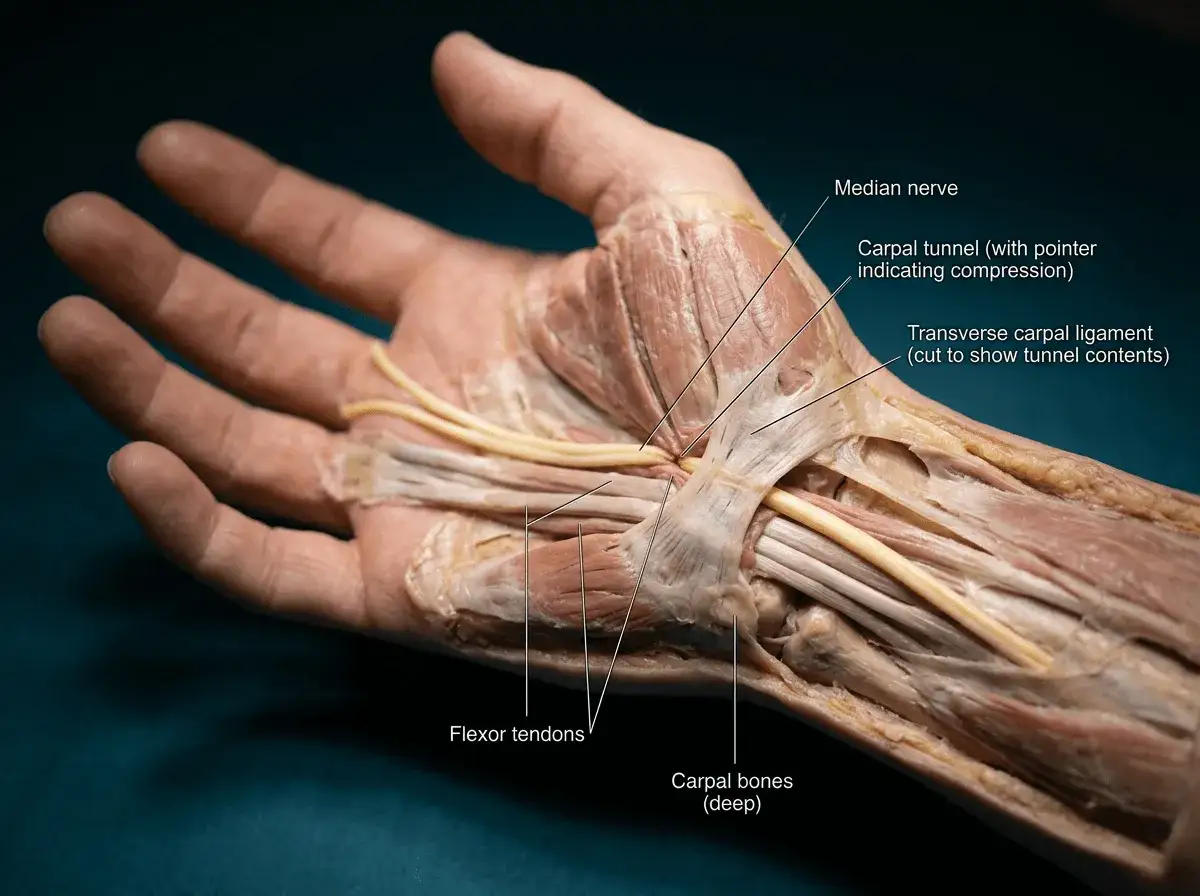 Anatomia del polso: nervi infiammati sintomi possono derivare dalla compressione del nervo mediano nel tunnel carpale, tra legamento trasverso e ossa carpali.