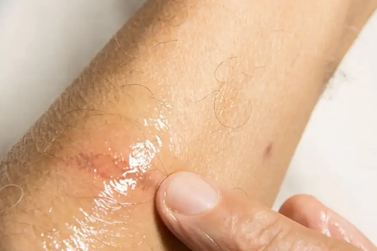 Un dito tocca un'area arrossata e lucida sulla pelle, probabilmente un rossore da sudore causato dal calore e dall'umidità.