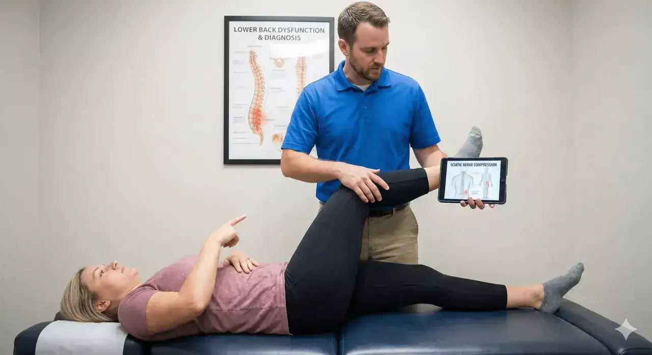 Fisioterapista esegue il slump test su una paziente, mostrando un'immagine di compressione del nervo sciatico su un tablet.