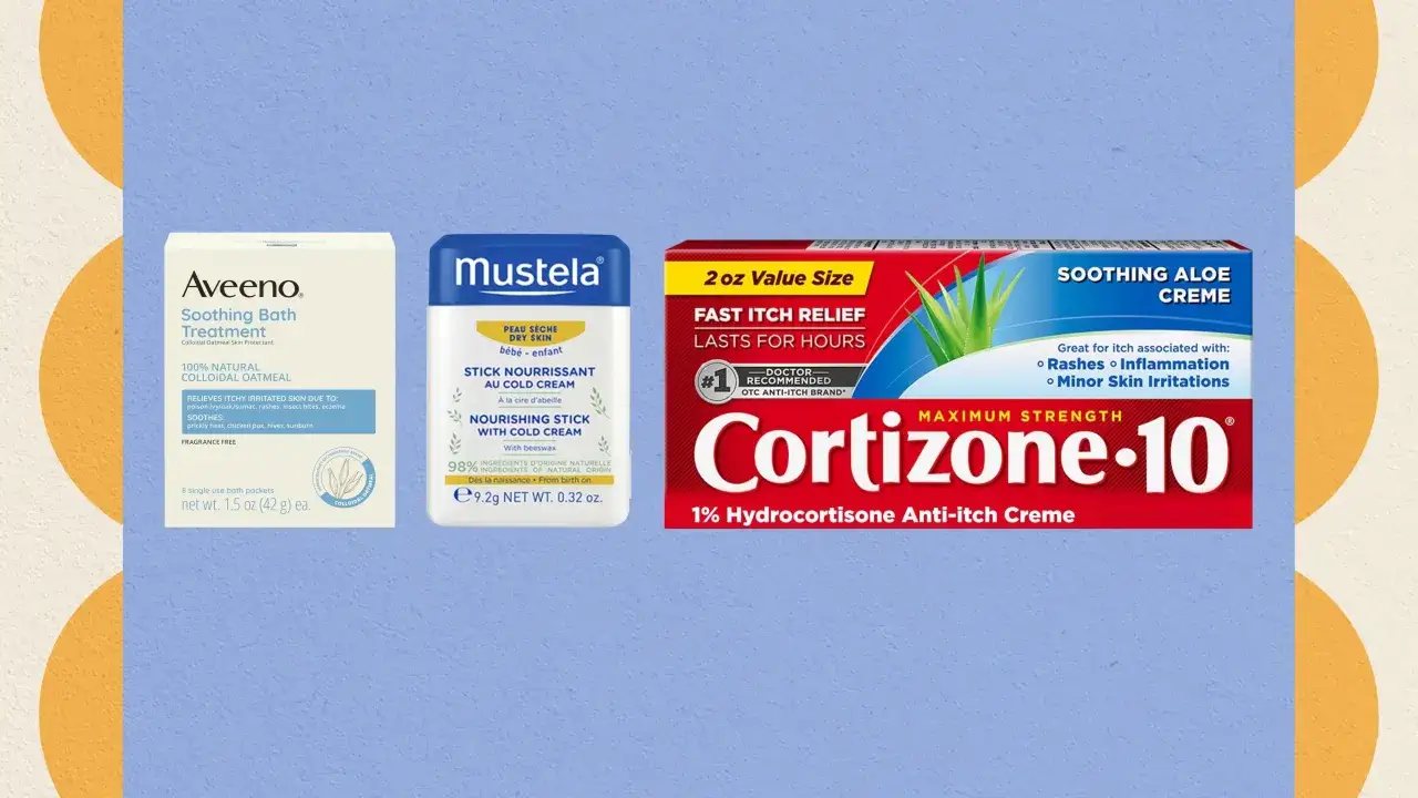 Prodotti per il sollievo dal prurito: Aveeno, Mustela e Cortizone-10. Utili per eruzioni cutanee, punture d'insetto e irritazioni, ma non sono farmaci che provocano sudorazione.
