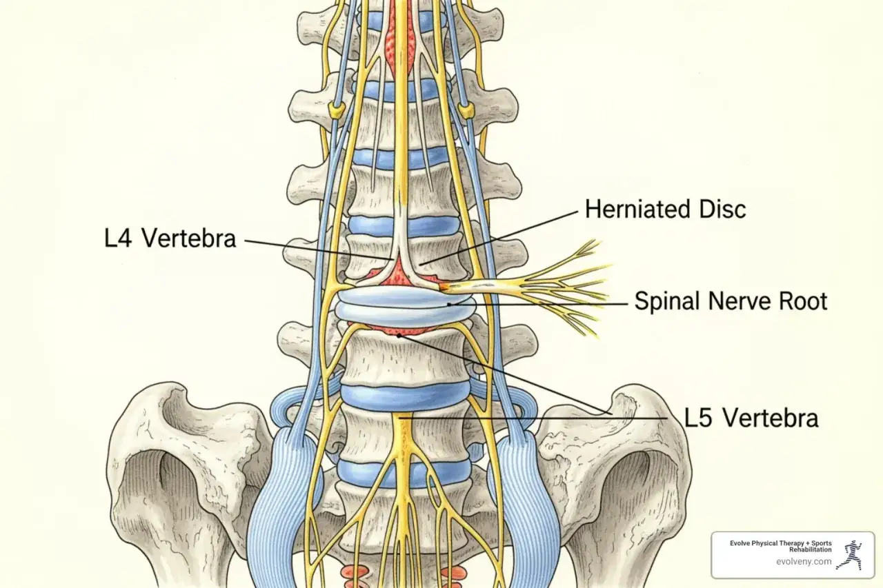 Ernia lombare: un disco erniato comprime una radice nervosa spinale, causando potenziali sintomi neurologici.