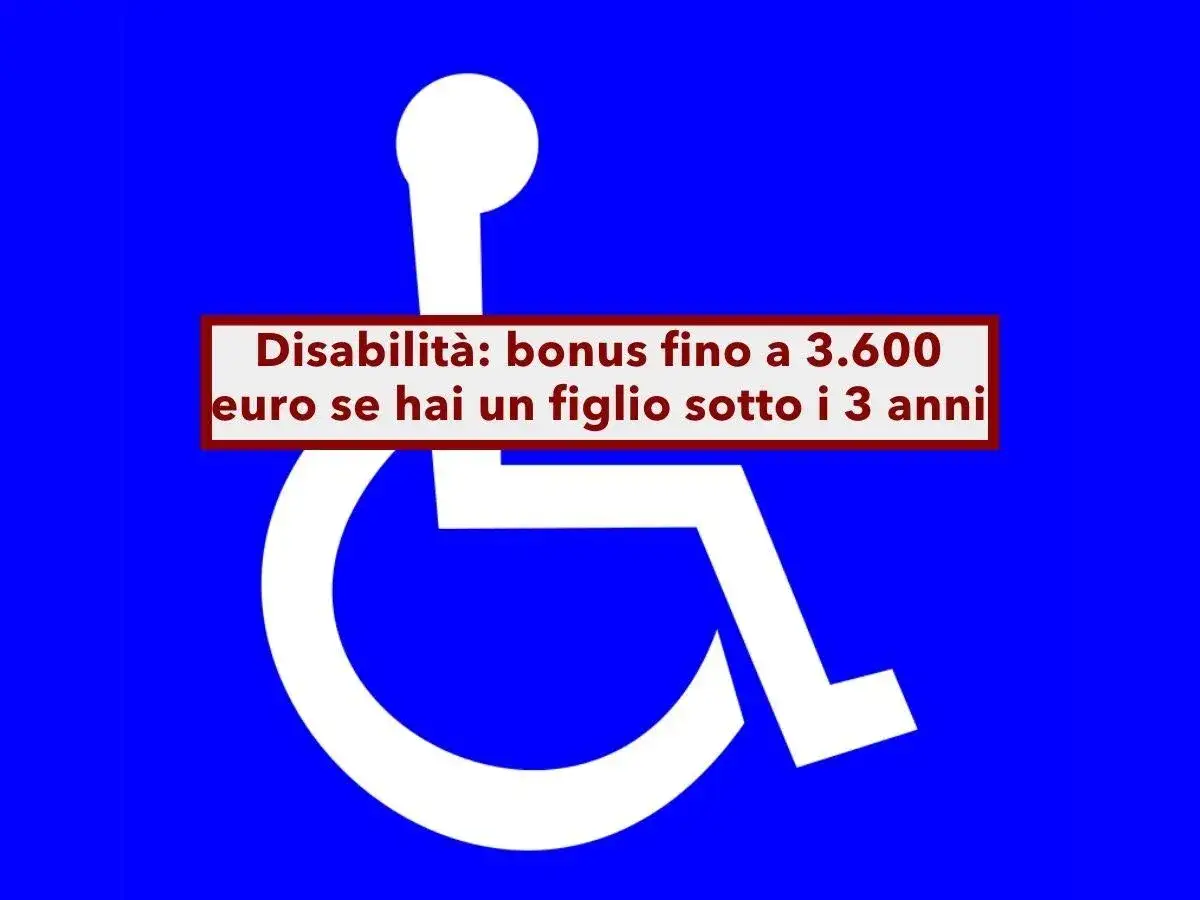 Simbolo disabilità su sfondo blu. Testo: 