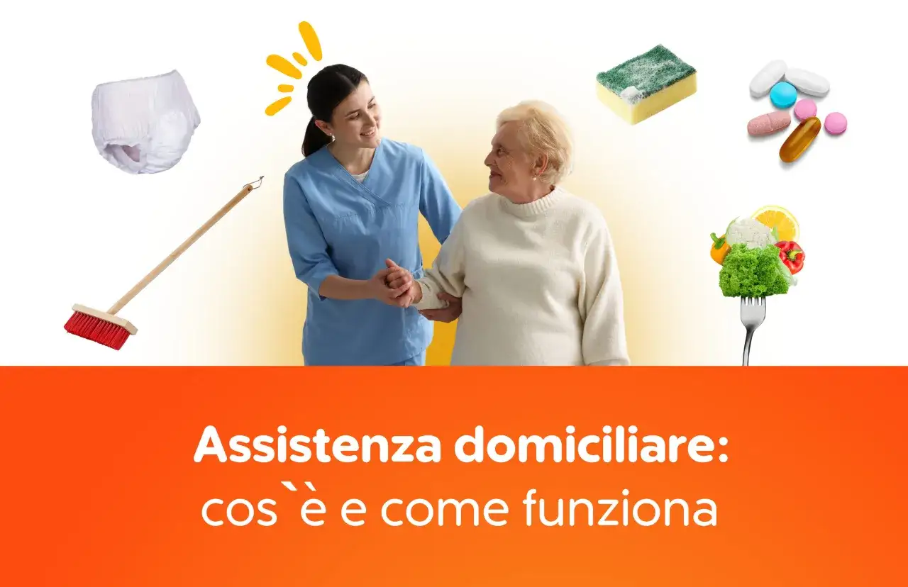 Un operatore generico di assistenza aiuta un'anziana. Sullo sfondo, pannolini, scopa, spugna, pillole e verdure.