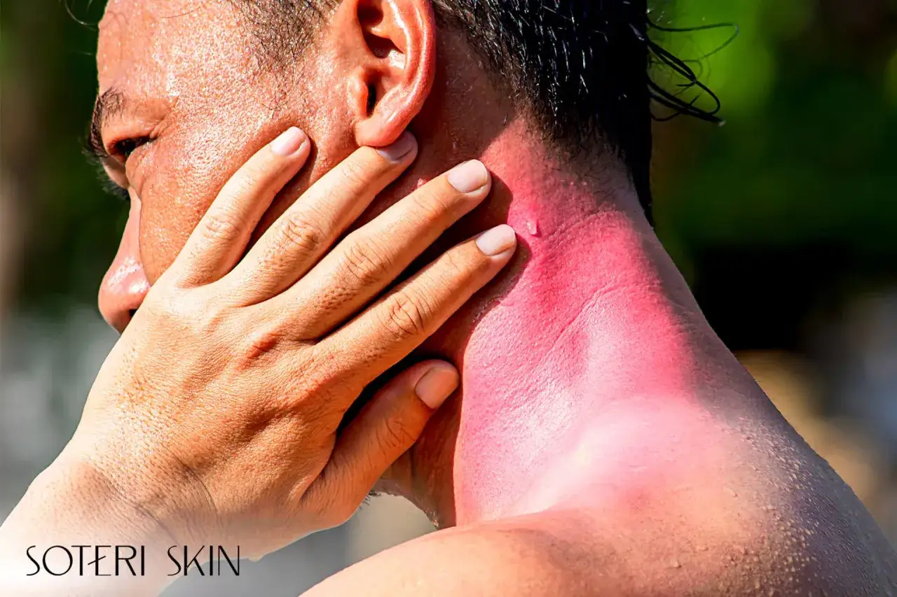 Uomo con mano sulla guancia, la nuca è arrossata e lucida per il caldo, si vede il sudare dietro la nuca.