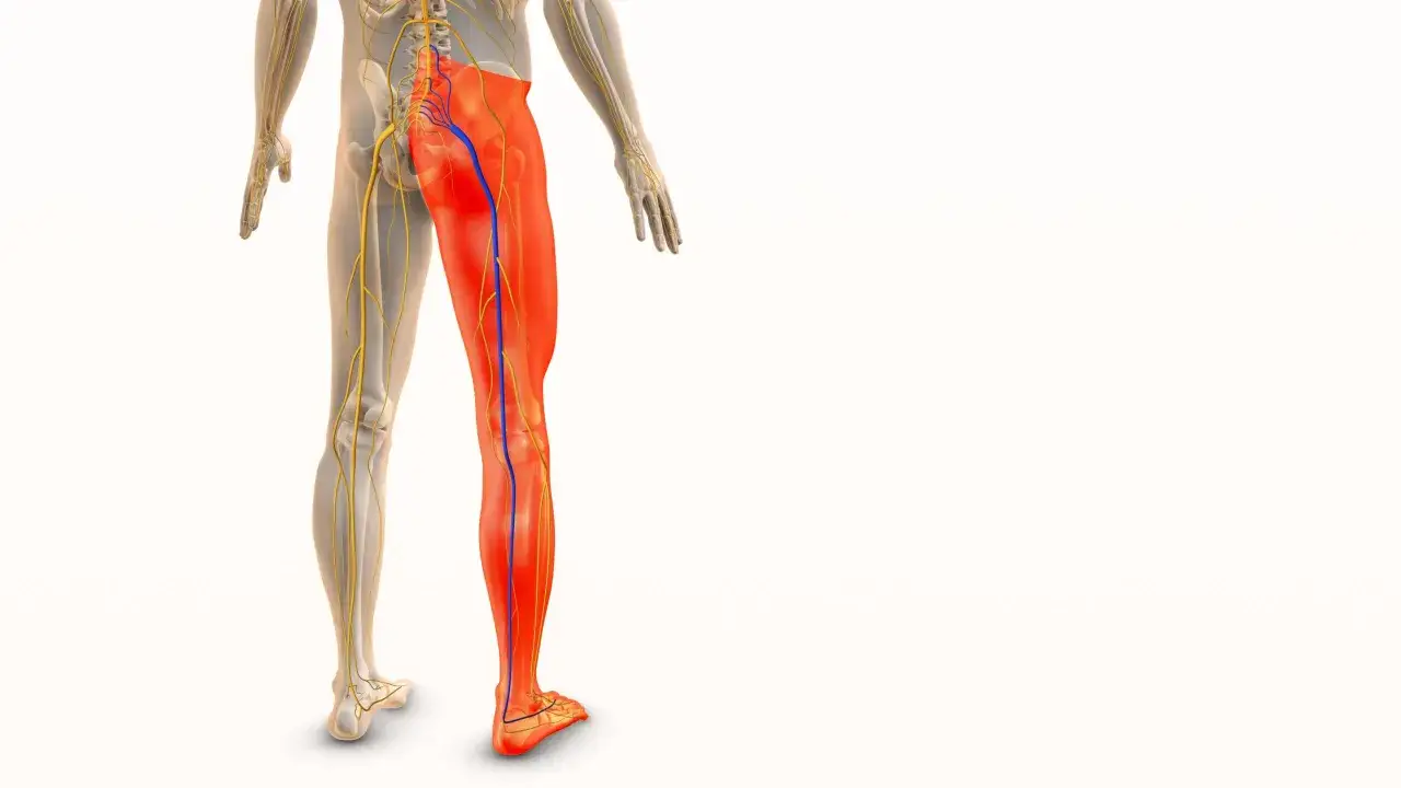 Anatomia umana: la gamba destra evidenziata in rosso mostra un problema neurologico con dolori alle gambe.