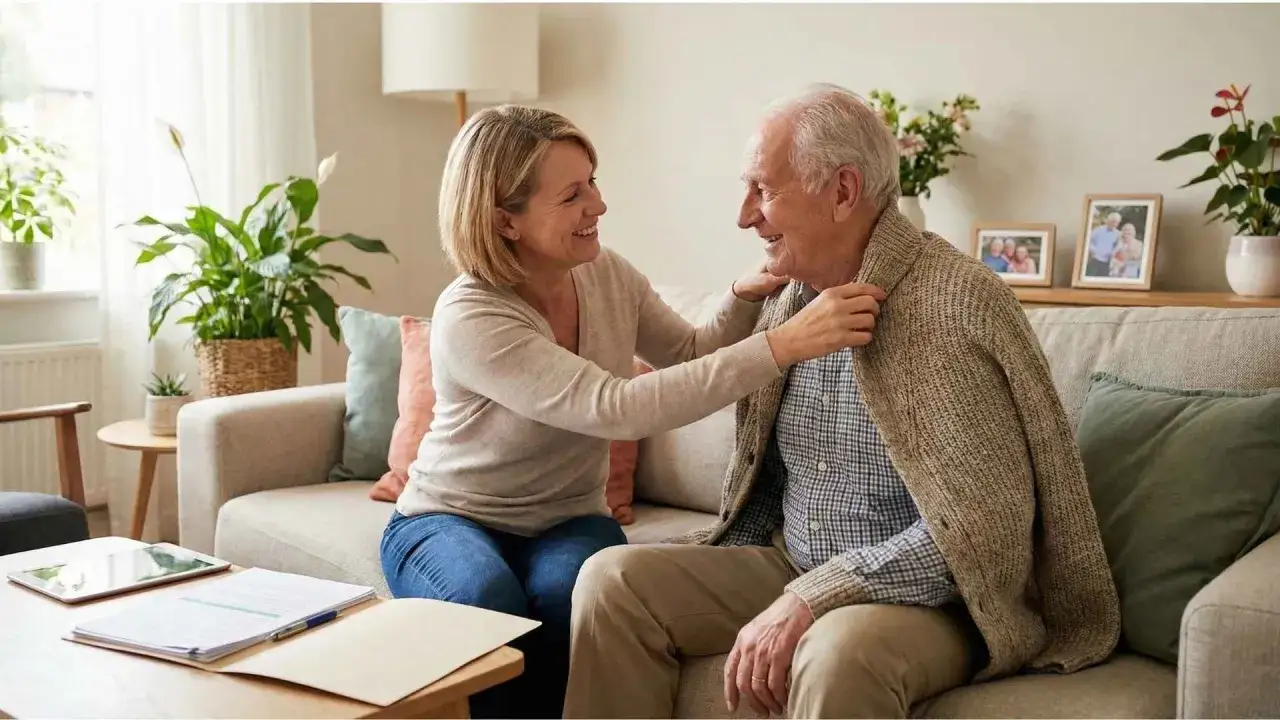 Donna sorridente sistema il cardigan a un anziano su un divano. Si percepisce un'atmosfera serena, segno che il caregiver viene pagato per il suo prezioso servizio.