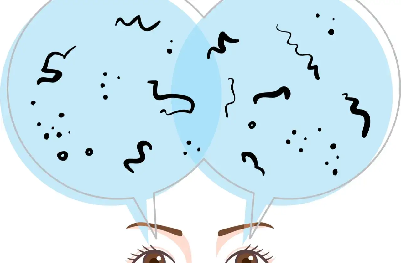 Occhi che vedono macchie davanti agli occhi stress, come puntini e forme ondulate che fluttuano nella mente.