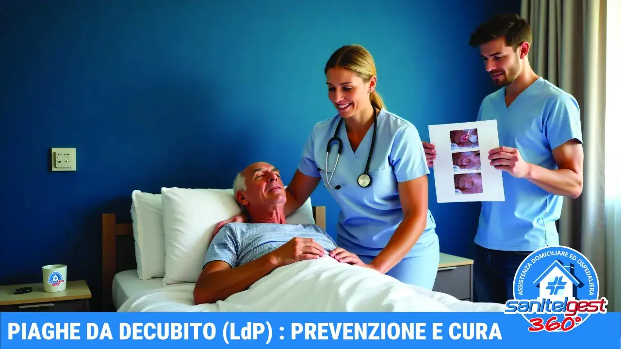 Infermieri mostrano immagini di piaghe da decubito a un paziente anziano, sottolineando l'importanza della prevenzione e cura.