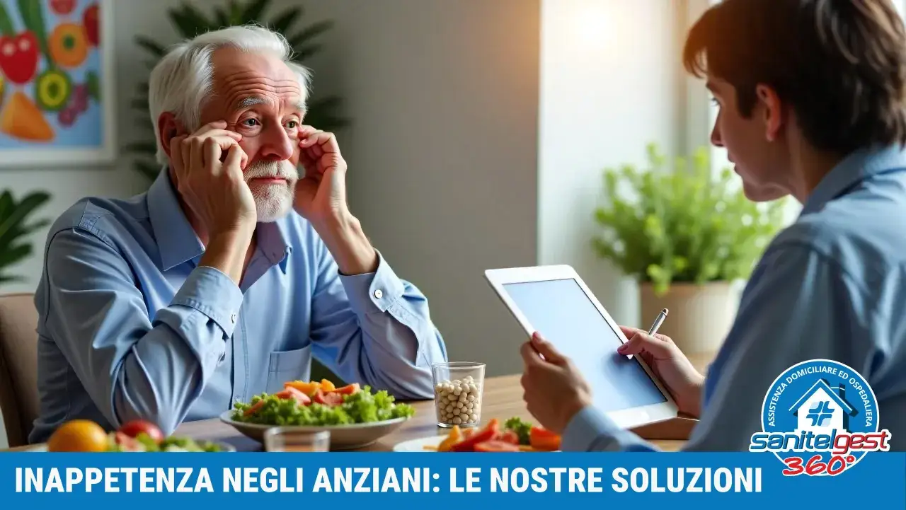 Anziano con inappetenza, come mio nonno non mangia più, riceve assistenza. Un giovane mostra un tablet.