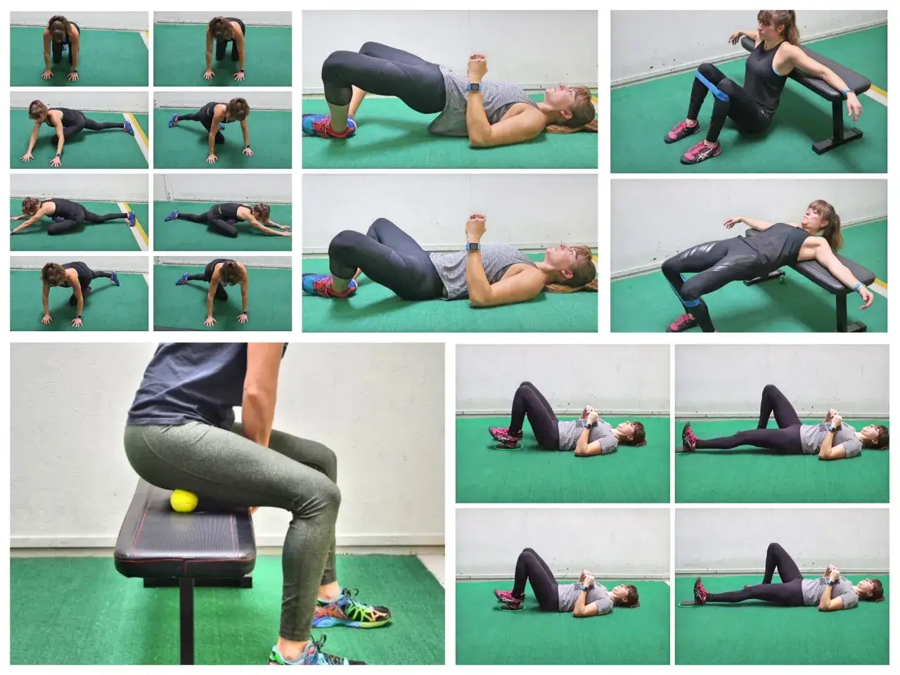 Collage di esercizi per rinforzare i muscoli delle gambe e glutei, con una donna che esegue vari movimenti a terra e su una panca.