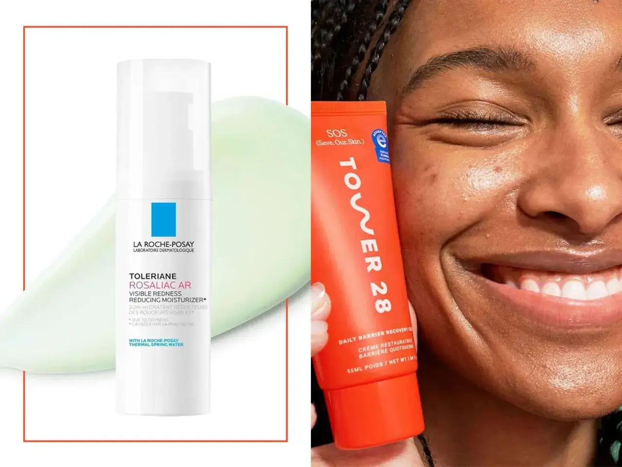 Prodotti per l'irritazione della pelle: La Roche-Posay Toleriane Rosaliac AR e Tower 28 SOS Daily Barrier Recovery.