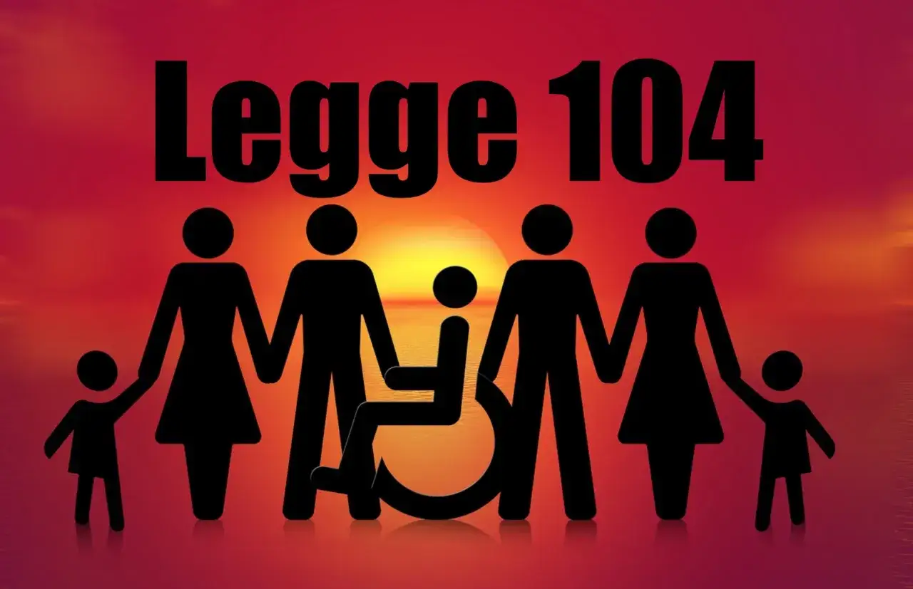 Legge 104: novit&agrave; per chi assiste un disabile. Famiglia stilizzata con persona in carrozzina, al tramonto.