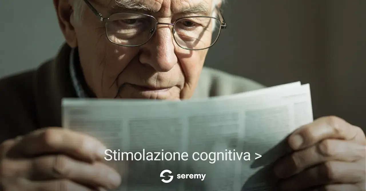 Un anziano con occhiali legge un giornale, affrontando il decadimento cognitivo nell'anziano con stimolazione cognitiva.