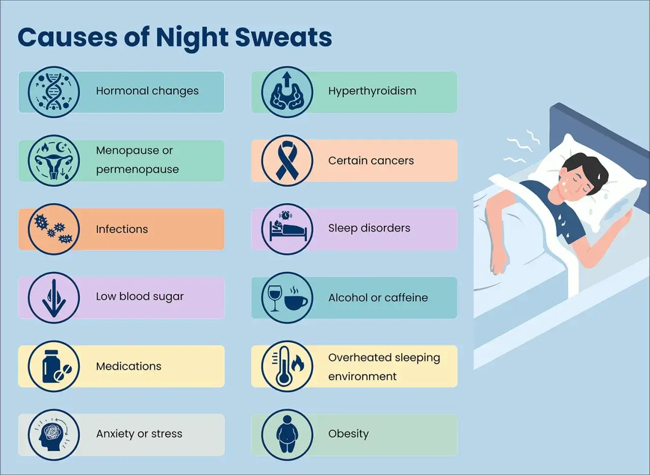 Elenco delle cause delle sudorazioni notturne: cambiamenti ormonali, menopausa, infezioni, ipoglicemia, farmaci, ansia, stress, ipertiroidismo, tumori, disturbi del sonno, alcol, caffeina, ambiente surriscaldato, obesità. Il cortisone fa sudare di notte.