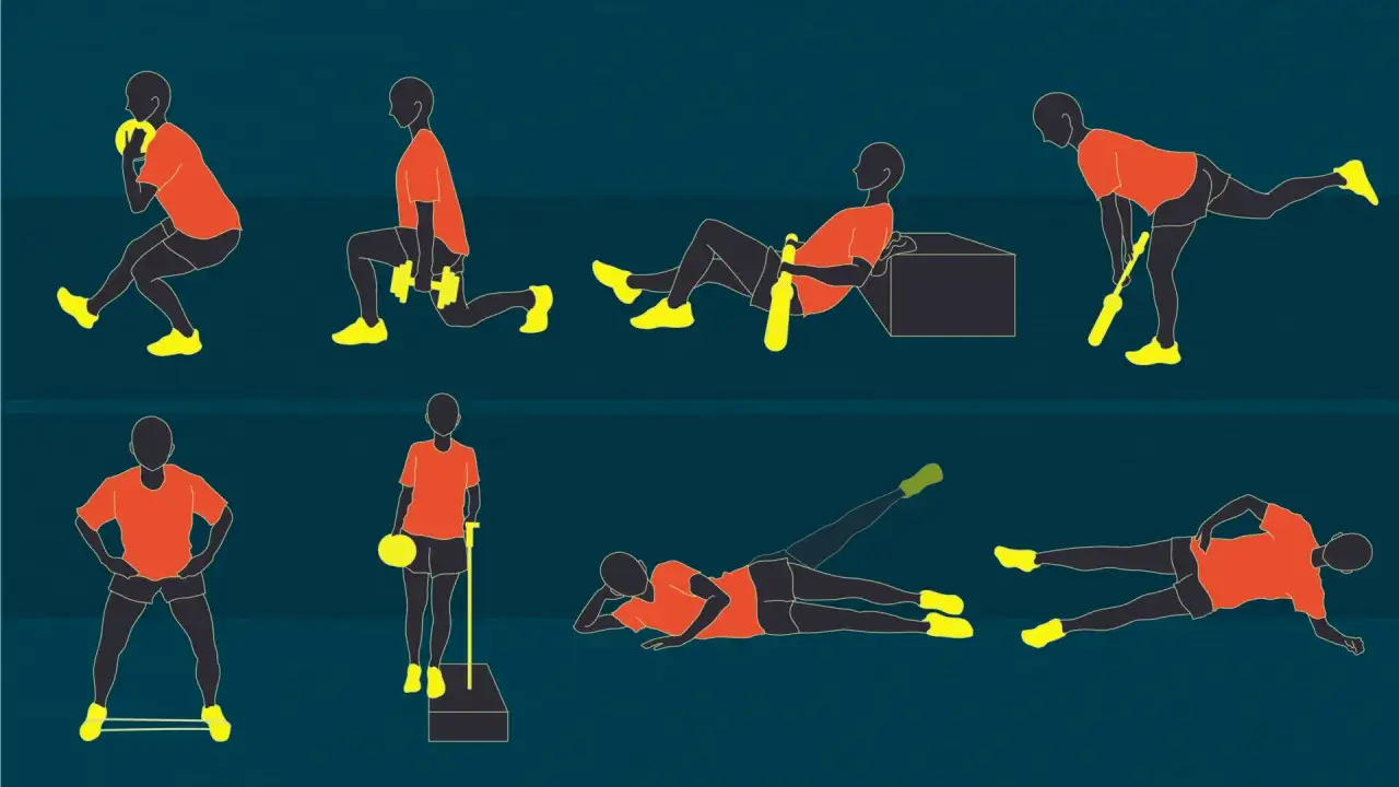 Esercizi per prevenire la lesione muscolare: squat, affondi, sollevamenti e stretching.