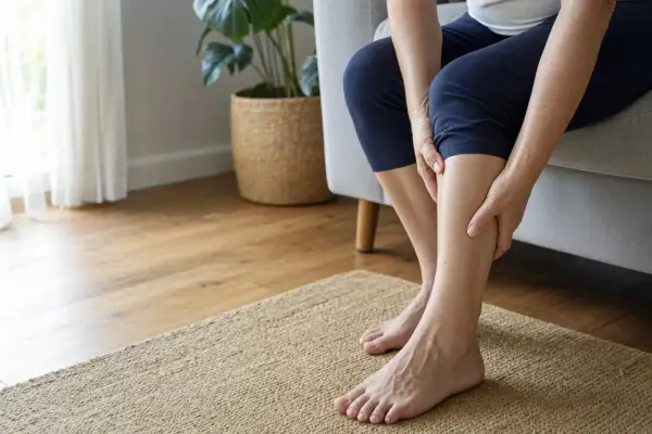 Donna seduta sul divano, si tiene le gambe, avvertendo un senso di sbandamento e debolezza alle gambe.