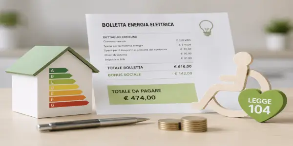 Modellino di casa con classe energetica, bolletta elettrica e simbolo disabilità con cuore "Legge 104".