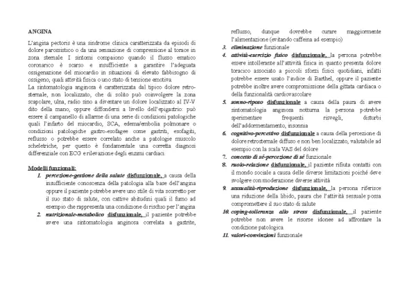 Elenco di modelli funzionali per l'angina, tra cui attività-esercizio fisico disfunzionale, che può essere valutato con l'indice di Barthel.