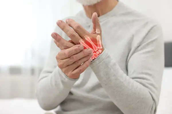 Uomo anziano con mani che mostrano i sintomi dell'osteoartrosi, con ossa evidenziate in rosso per indicare infiammazione.