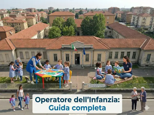 Un operatore generico di assistenza guida i bambini in attività creative e di lettura all'esterno di una scuola dell'infanzia a Milano.