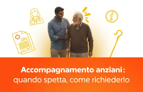 Giovane assiste anziano con bastone. Icone mediche e informative suggeriscono la **domanda invalidità anziani**.