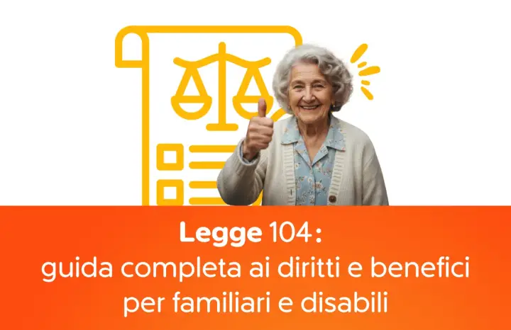 Anziana sorridente con pollice in su, accanto a un'icona di bilancia e documento. Guida su come richiedere 104 per un familiare anziano.