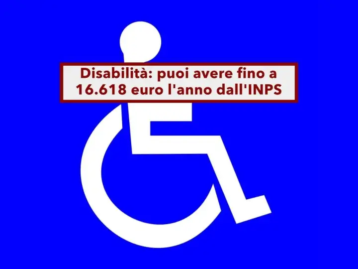 Simbolo disabilità su sfondo blu. Testo: "Disabilità: puoi avere fino a 16.618 euro l'anno dall'INPS". Informazioni sulla domanda di invalidità e accompagnamento.