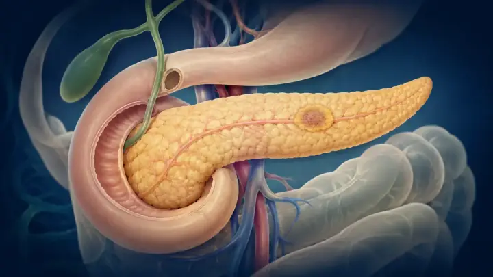 Pancreas con un tumore, che produce enzimi pancreatici. Vicino al duodeno e alla cistifellea.